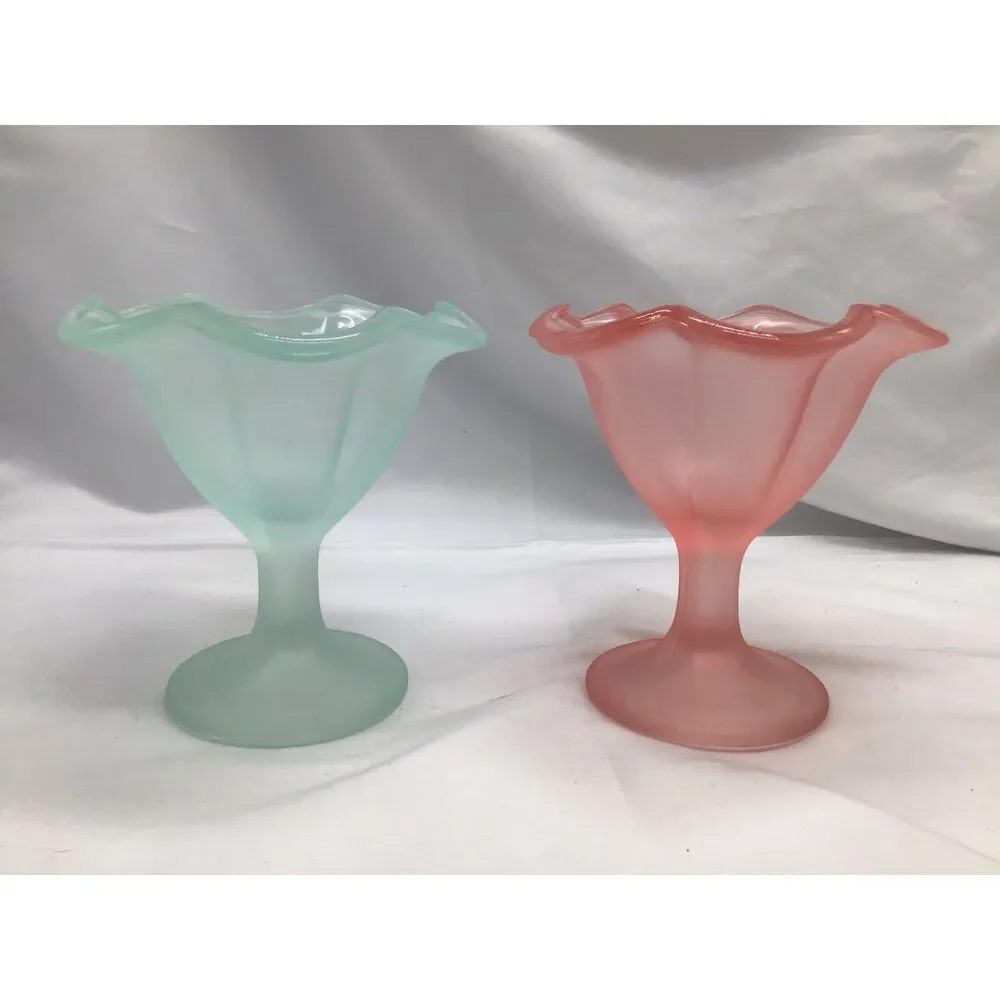 Pair Satin Glass Ice Cream Dishes Old Fashion Sundae Party Mid Century